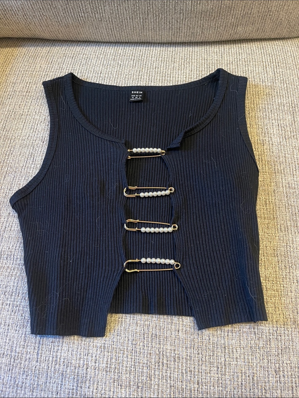 SHEIN Black Ribbed Crop Tank with Pearl Bar Details